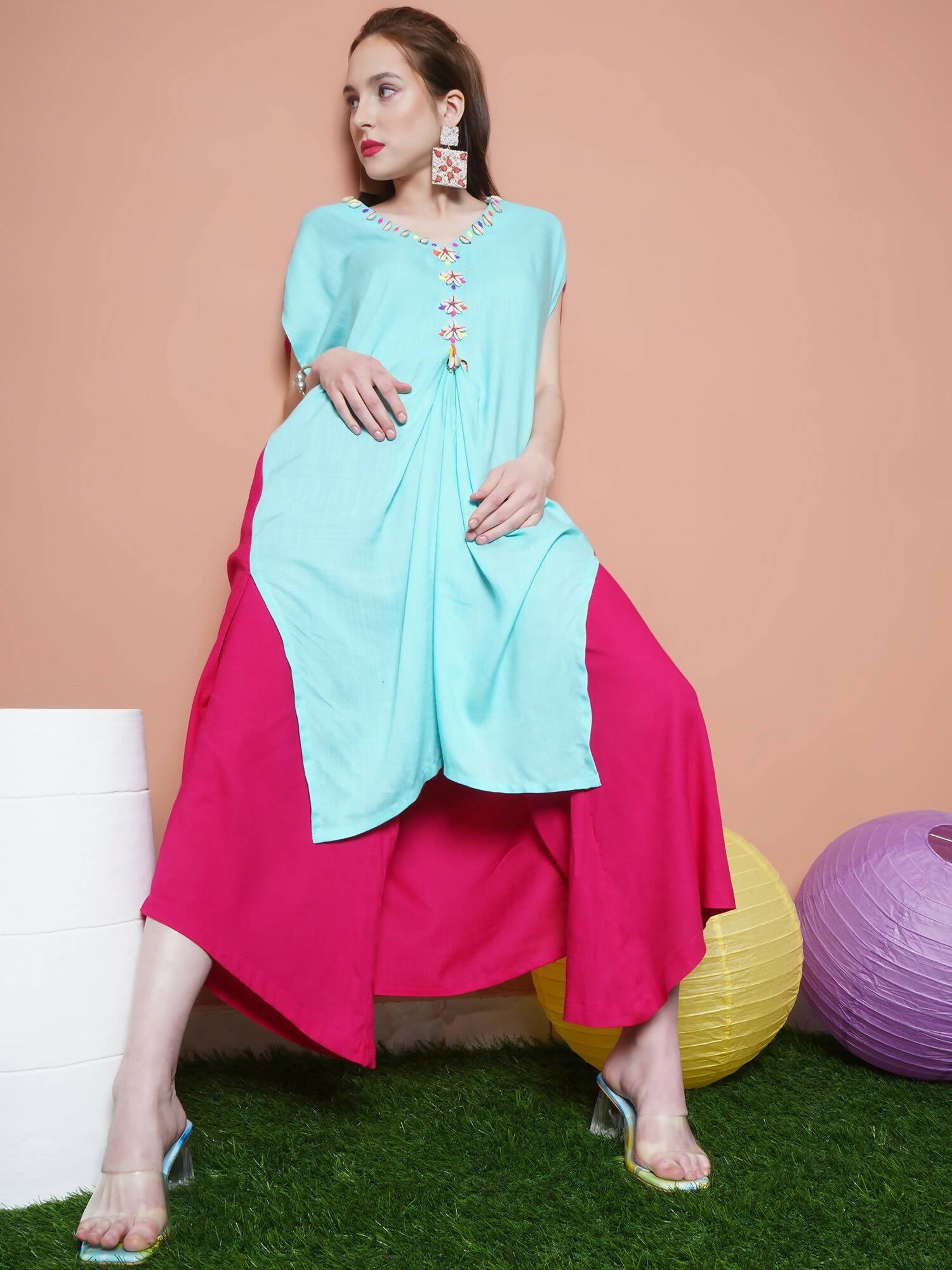 Women Republic Blue And Pink Assyemtrical Kurta Set | Grocsy
