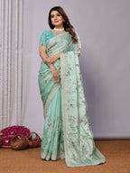 Blue Satin Silk Embroidered Saree With Stitched Blouse - Nimaya Kaksha | Grocsy