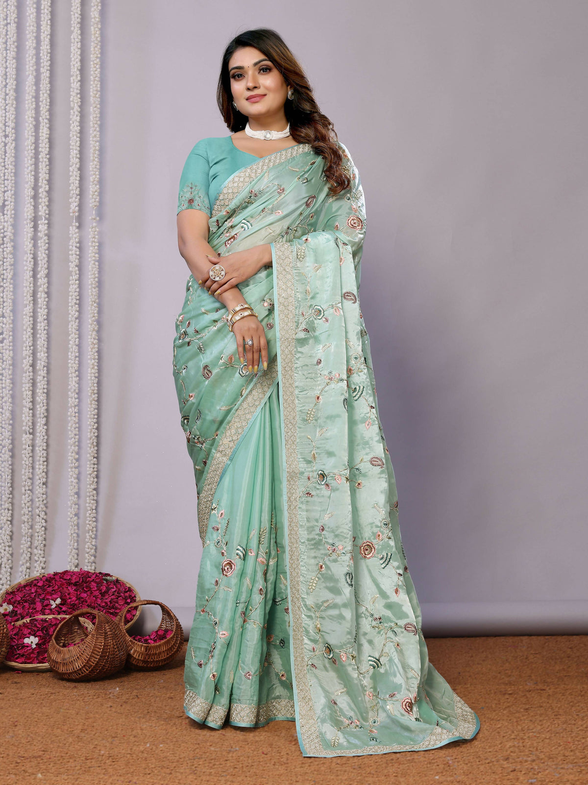 Blue Satin Silk Embroidered Saree With Stitched Blouse - Nimaya Kaksha | Grocsy