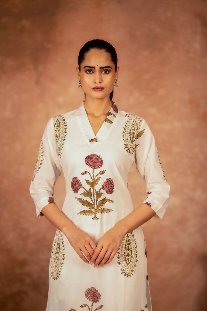 Joban Fashion Off White Red Floral Hand Block Printed Cotton Kurta Pant Set | Grocsy