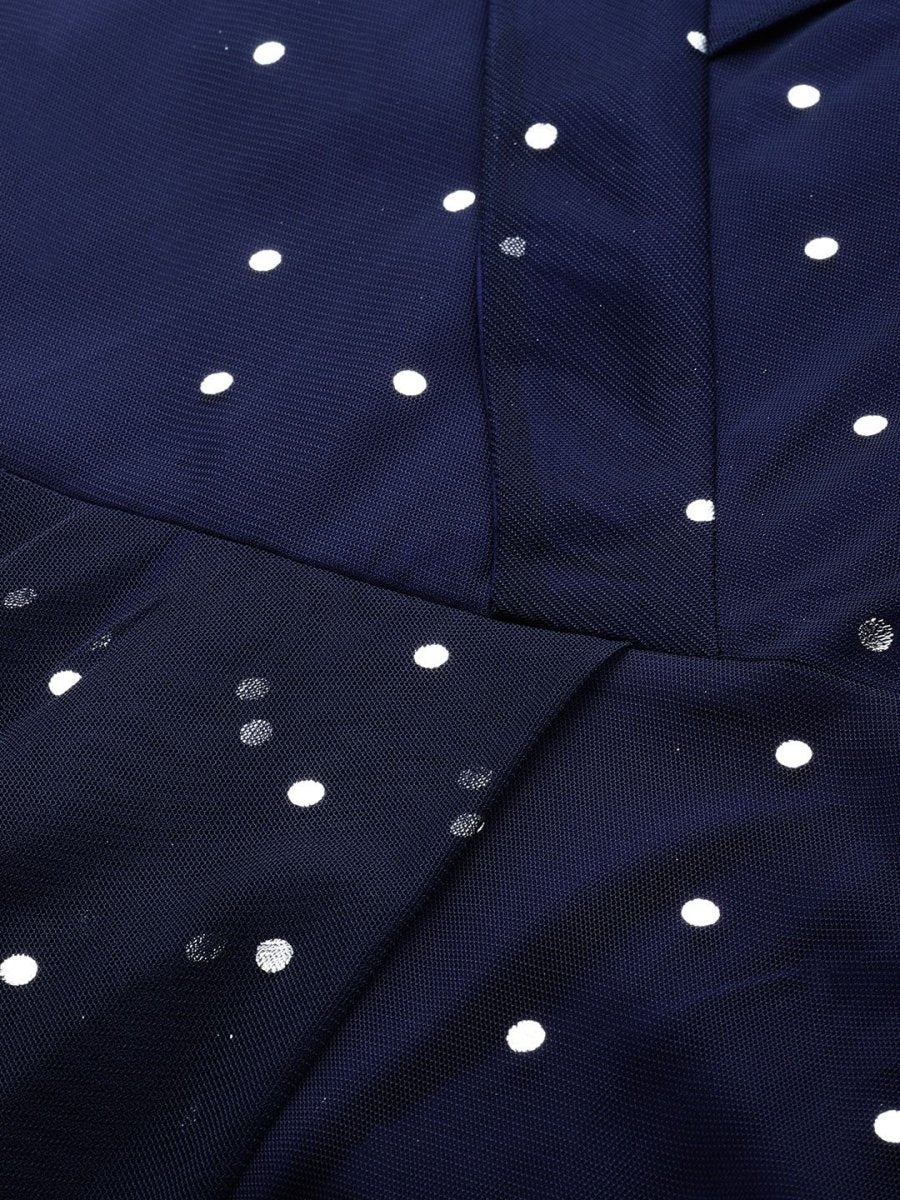 Ahalyaa Navy Blue Net & Crepe Silver Toned Polka Dots Printed Maxi Dress | Grocsy