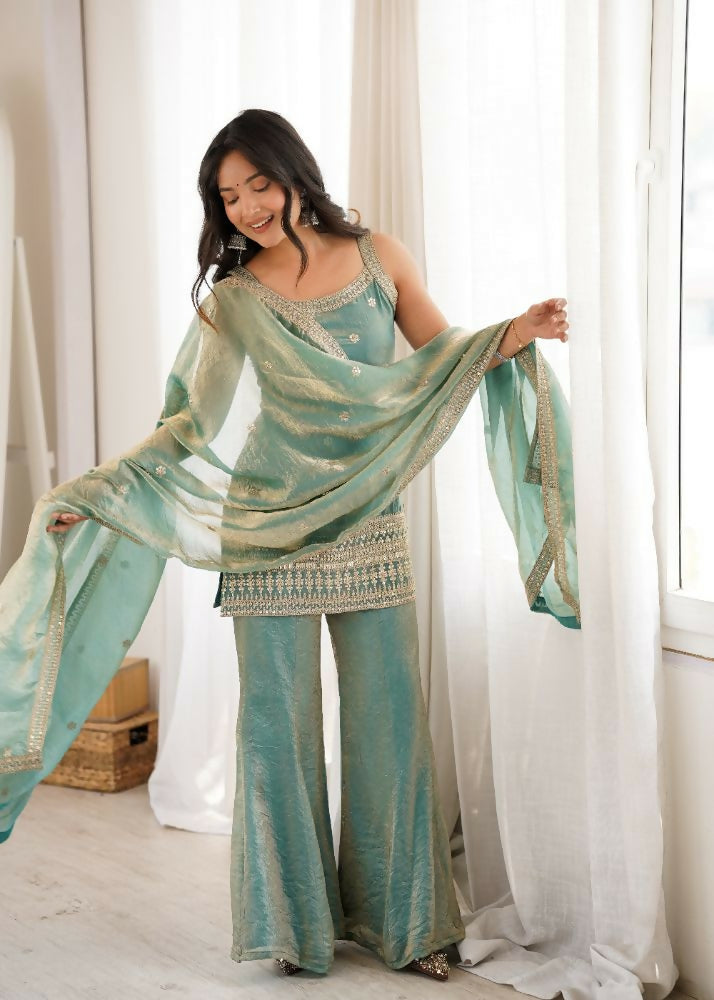 Teeya Creation Seafoam Green Embroidered Frendy Silk Sharara Suit Set | Grocsy