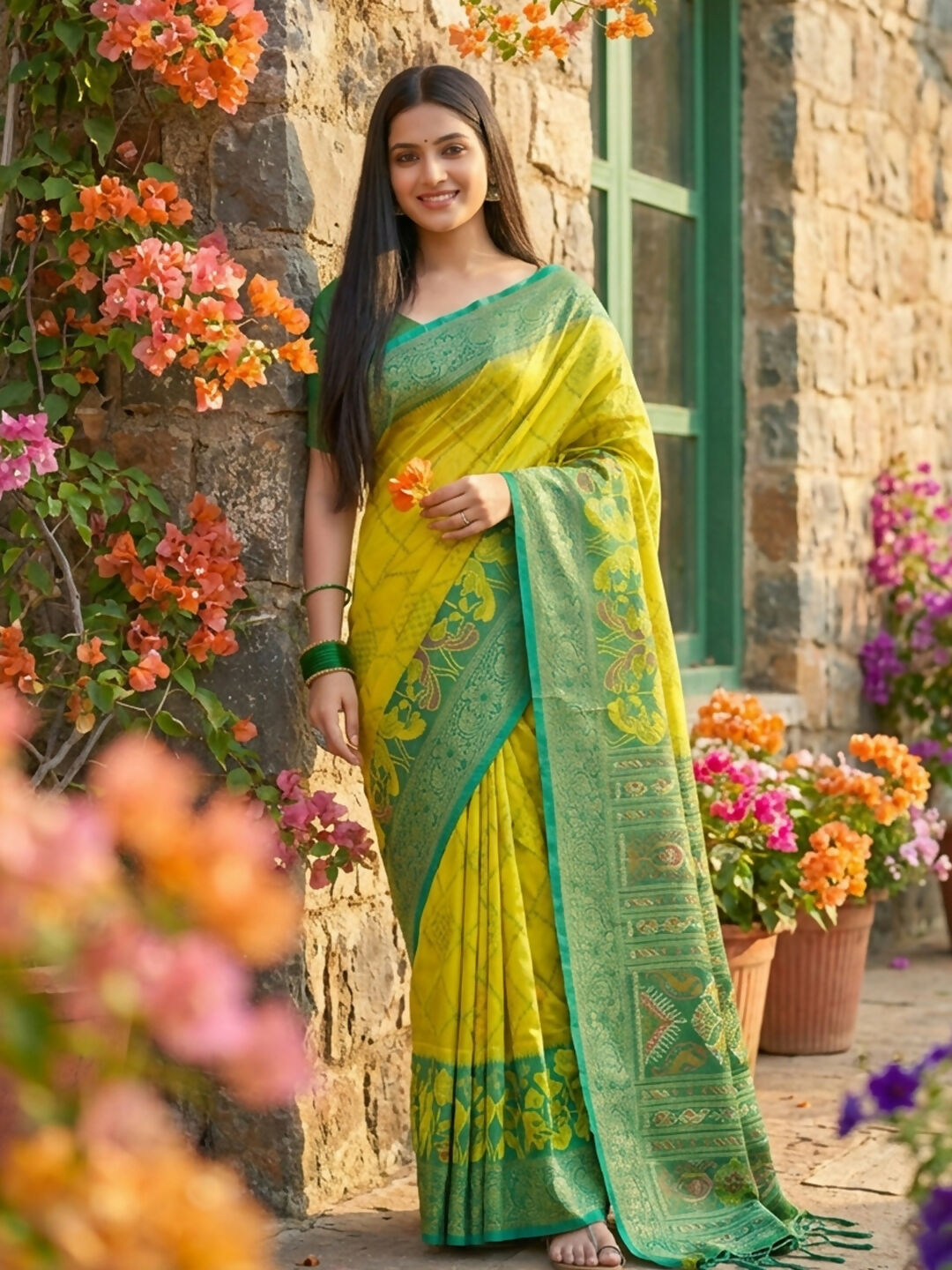 Shree Shyam Fashion Green Pochampally Silk Saree | Grocsy