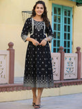 Juniper Women's Black Printed Anarkali Flared Dress | Grocsy