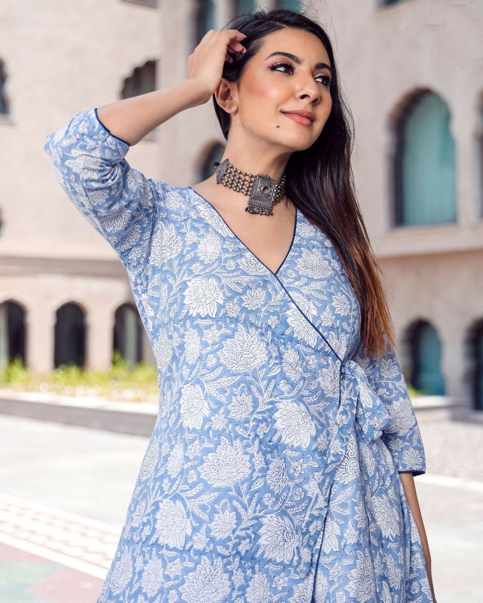 Aayaa Pure Muslin printed Kurti & Pant - Sky blue | Grocsy