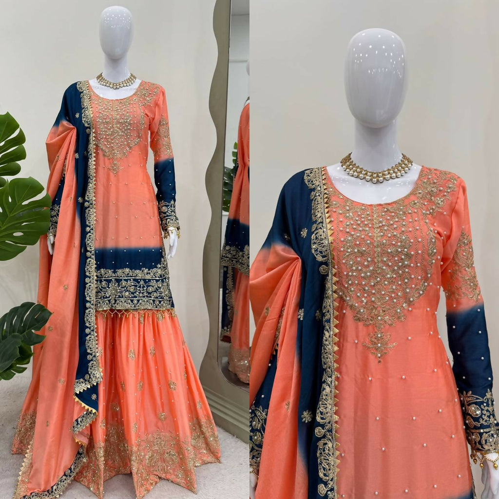 The52 Women's Beautiful Chinon silk Fabric Embroidery Work Straight Kurta Palazzo and Dupatta Set | Grocsy