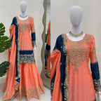 The52 Women's Beautiful Chinon silk Fabric Embroidery Work Straight Kurta Palazzo and Dupatta Set | Grocsy