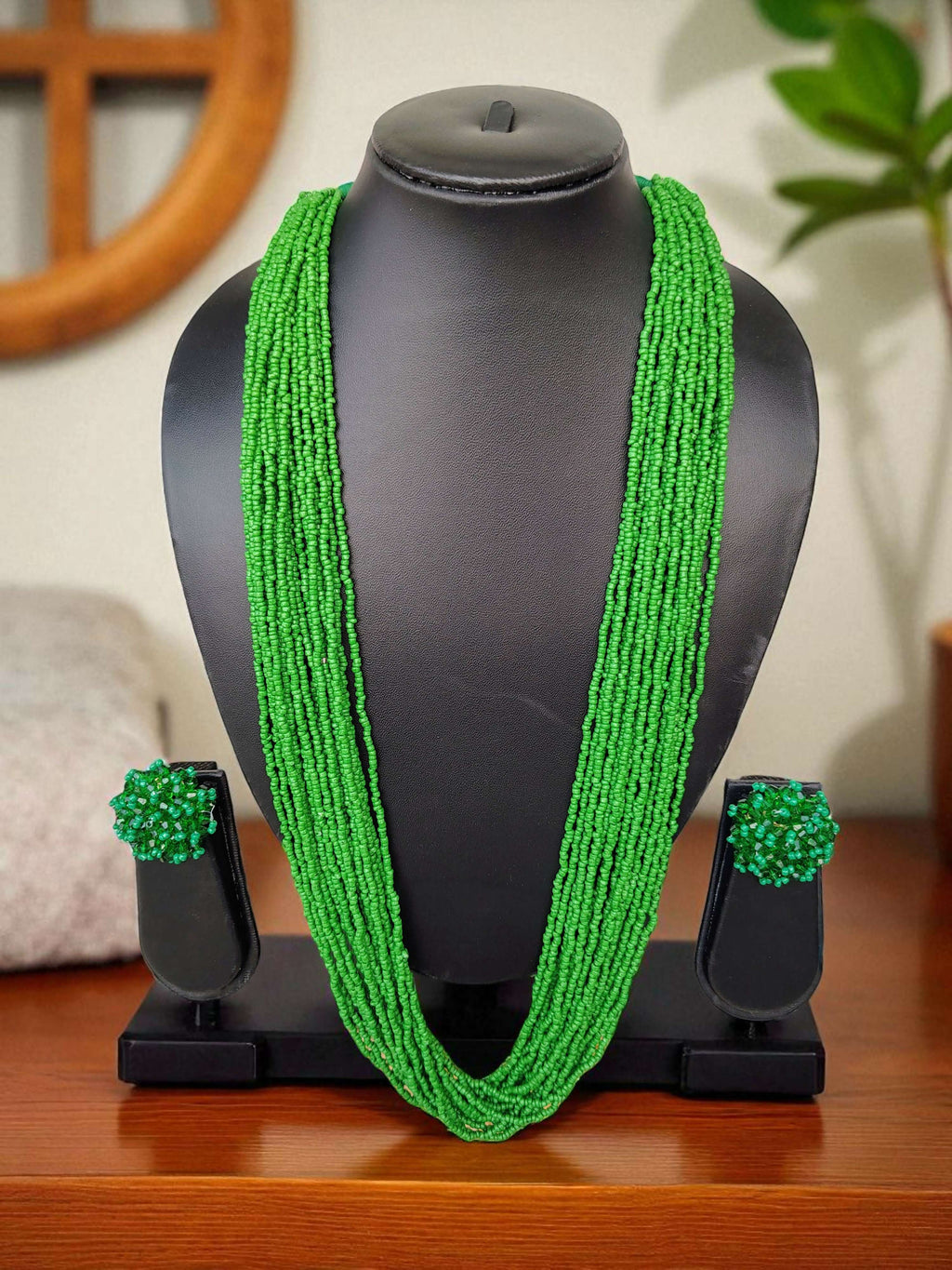 Inhanns Rangsaaz 20-Layer Luxe Long Beaded Necklace (With Optional Statement Earrings) - Green With Earring | Grocsy