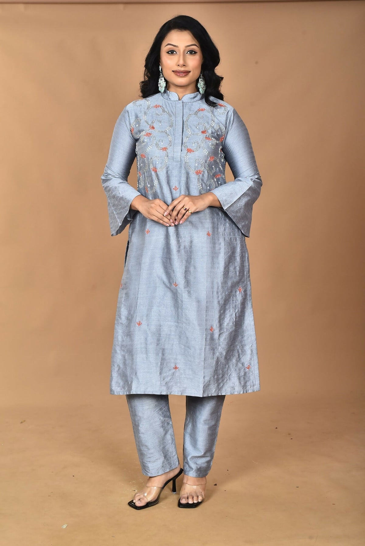 Morchari Women And Hand Embroidery Co-Ord Set-Grey | Grocsy