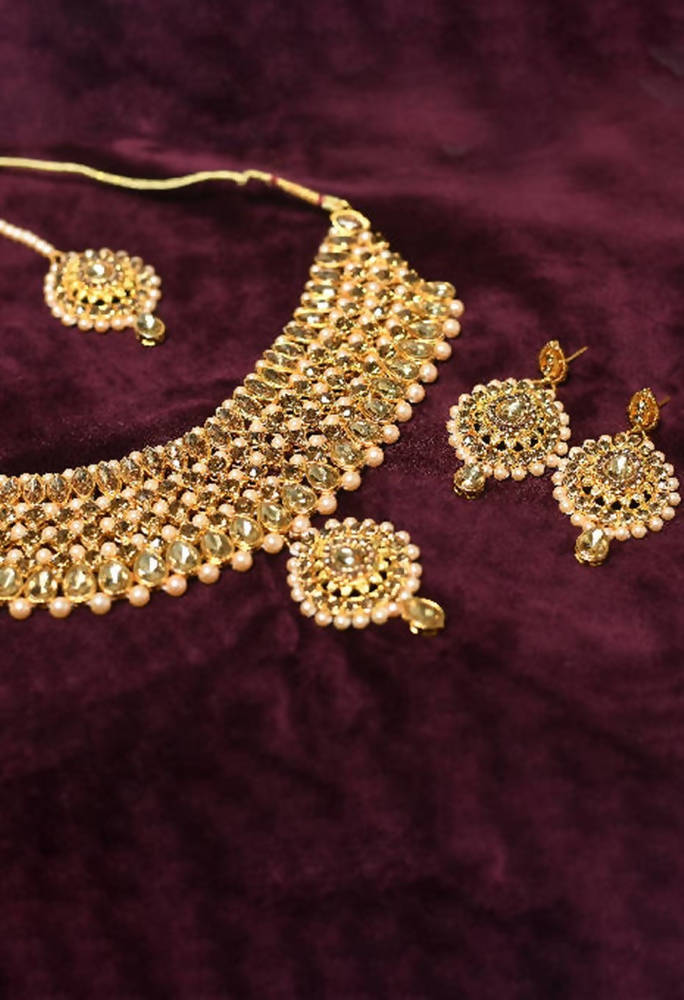 Tehzeeb Creations Stone And Pearl Studded Necklace With Earrings And Tikka | Grocsy