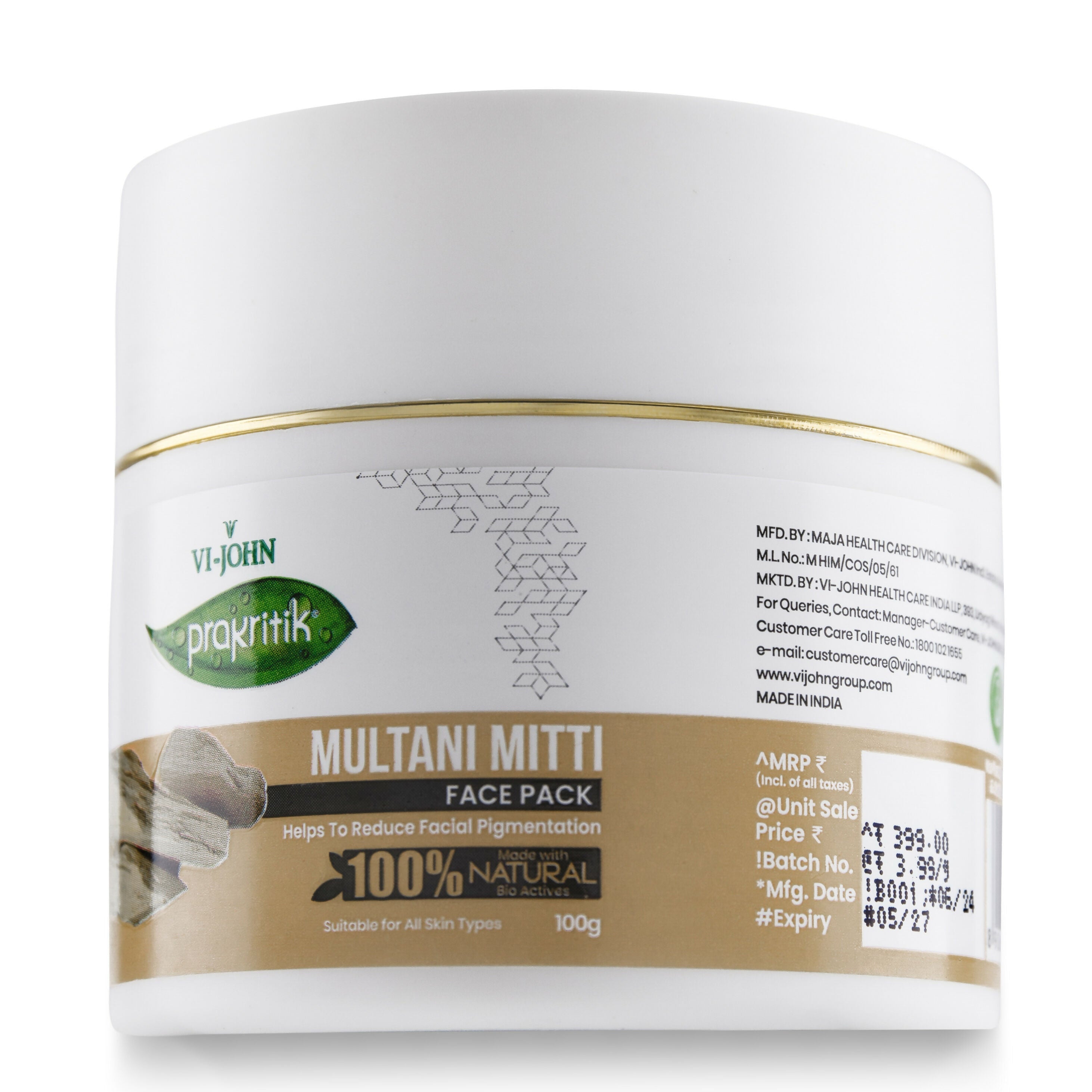 VI-JOHN Prakritik Multani Mitti Face Pack Controls Sebum Made With 100% Natural Bio Actives | Grocsy