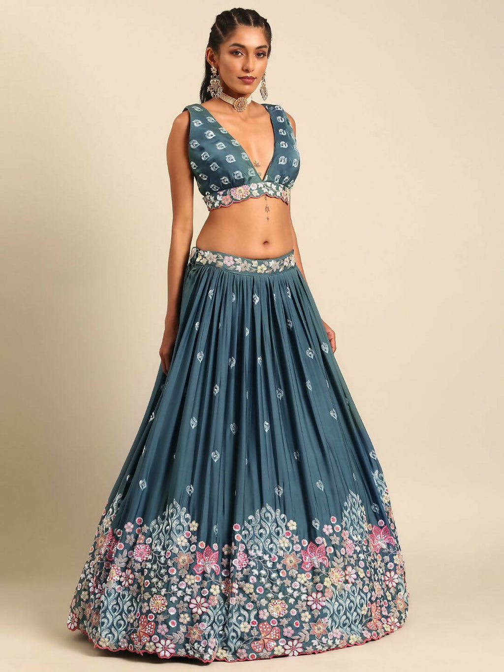 House of Panchhi Teal Blue Chinon Sequins embroidery Lehenga choli & Dupatta | Grocsy