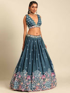 House of Panchhi Teal Blue Chinon Sequins embroidery Lehenga choli & Dupatta | Grocsy