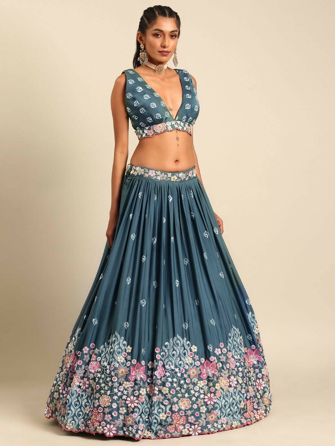 House of Panchhi Teal Blue Chinon Sequins embroidery Lehenga choli & Dupatta | Grocsy