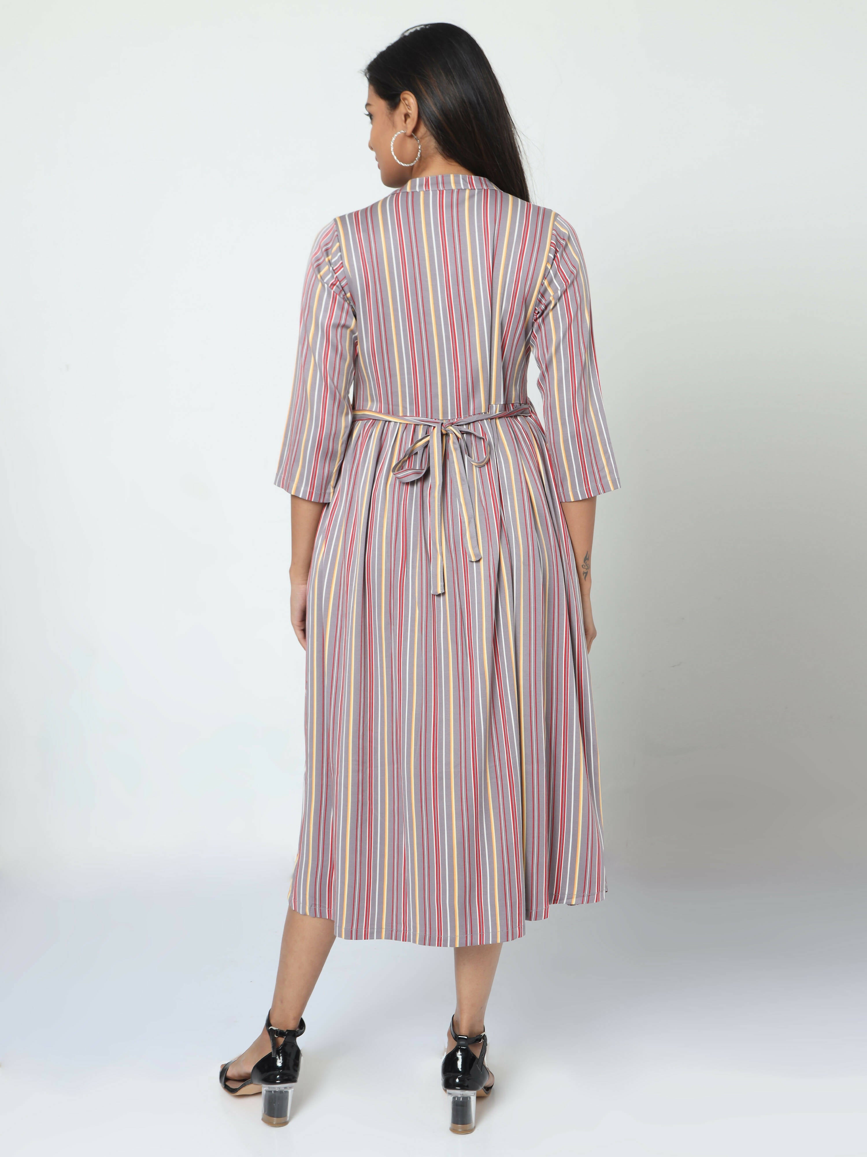 Manet Three Fourth Maternity Dress Striped With Concealed Zipper Nursing Access - Grey | Grocsy