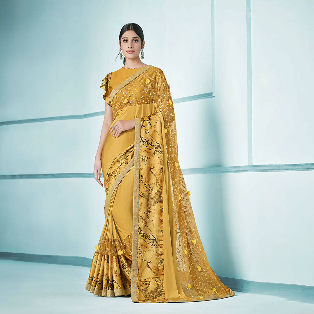 Mustard Lycra sequence Saree with Unstitched Blouse Piece - Norita Elaura | Grocsy
