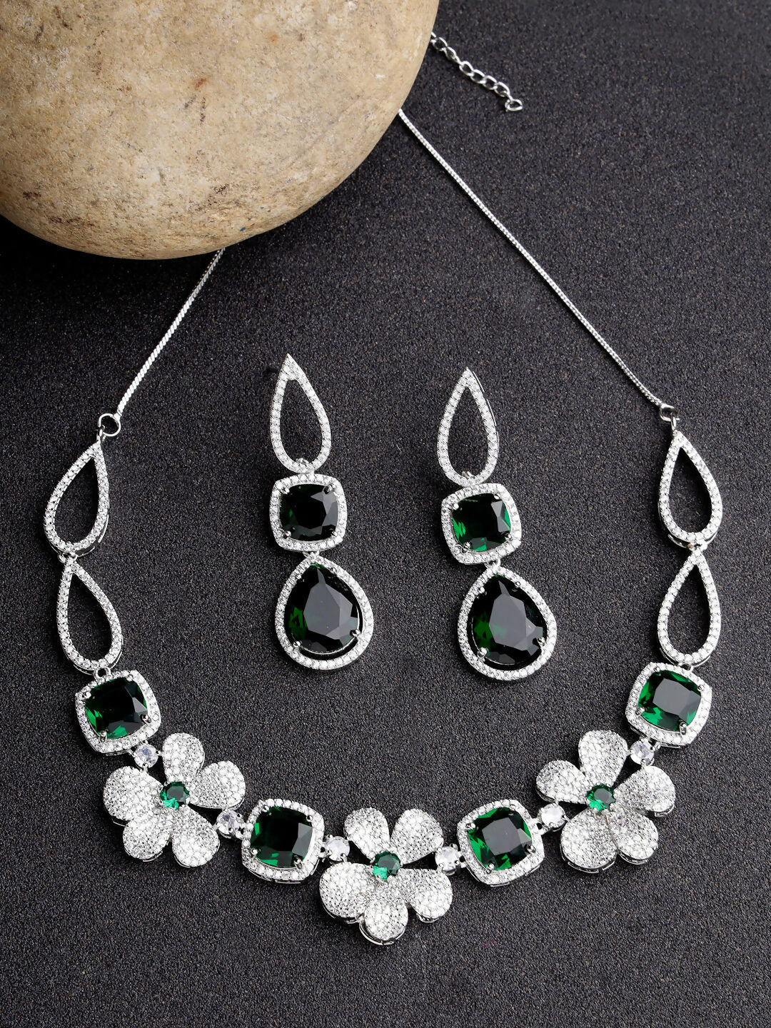 NVR Women's Green & Silver-Plated American Diamond Handcrafted Jewellery Set | Grocsy