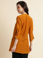 Mustard Chinon Yoke Embroidered A-line Top - Tarini | Grocsy