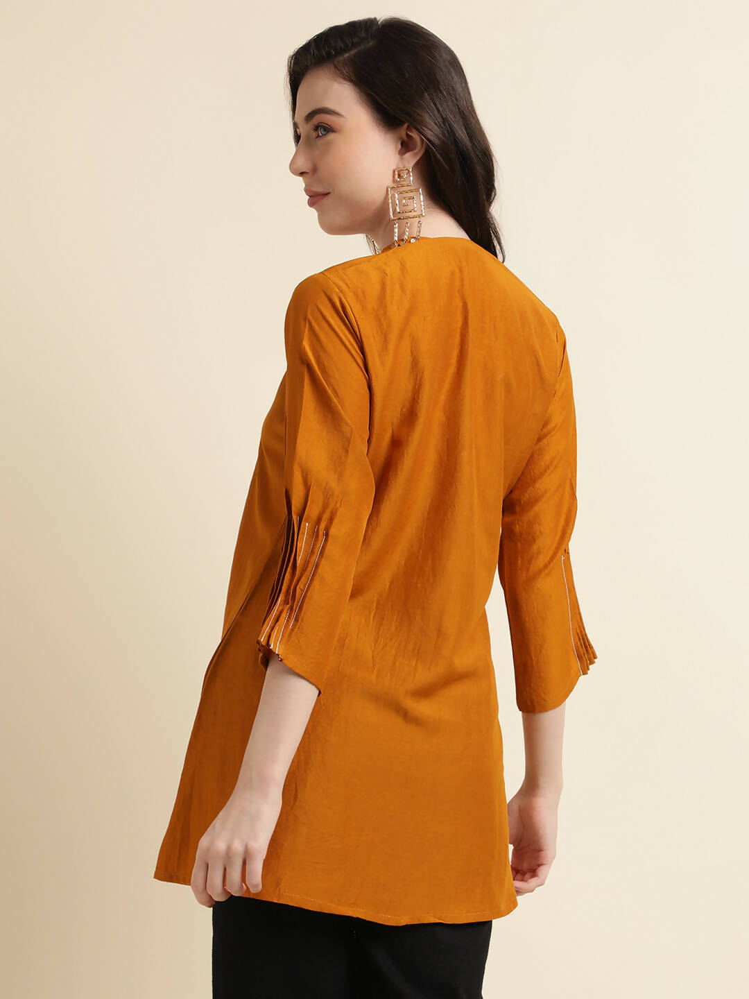 Mustard Chinon Yoke Embroidered A-line Top - Tarini | Grocsy