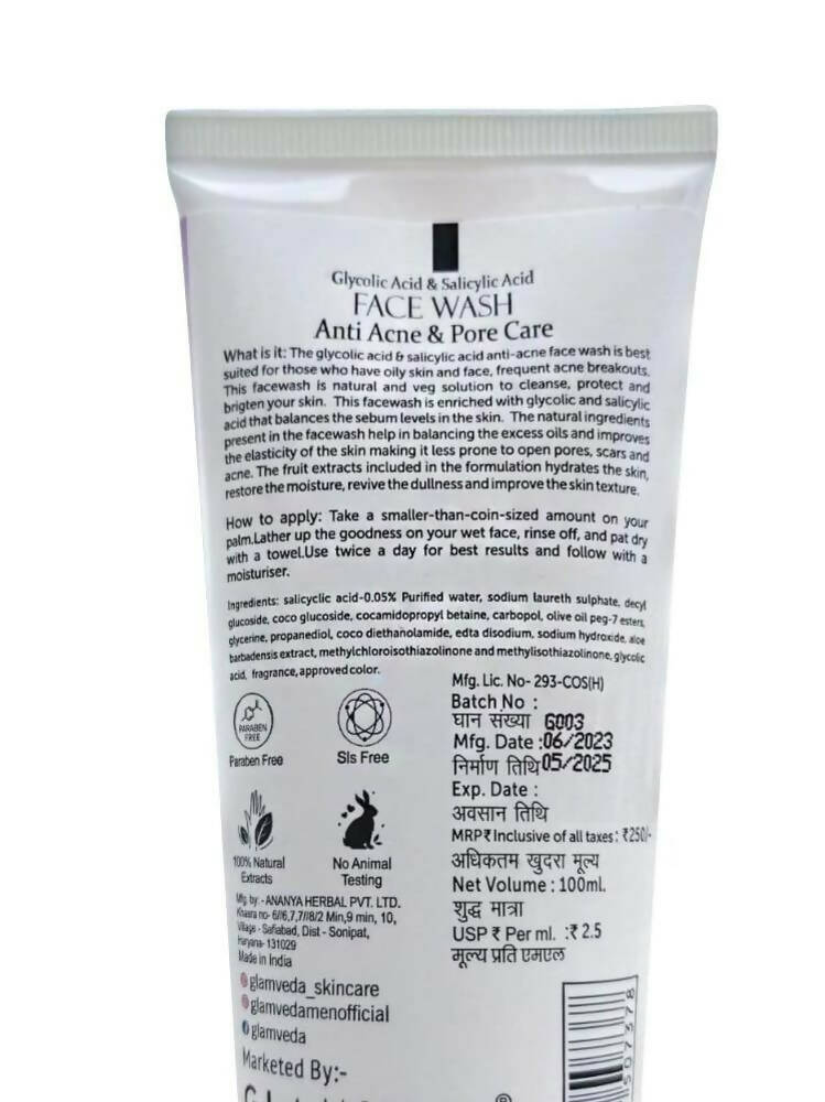 Glamveda Glycolic Acid & Salicylic Acid Anti Acne Face Wash | Grocsy