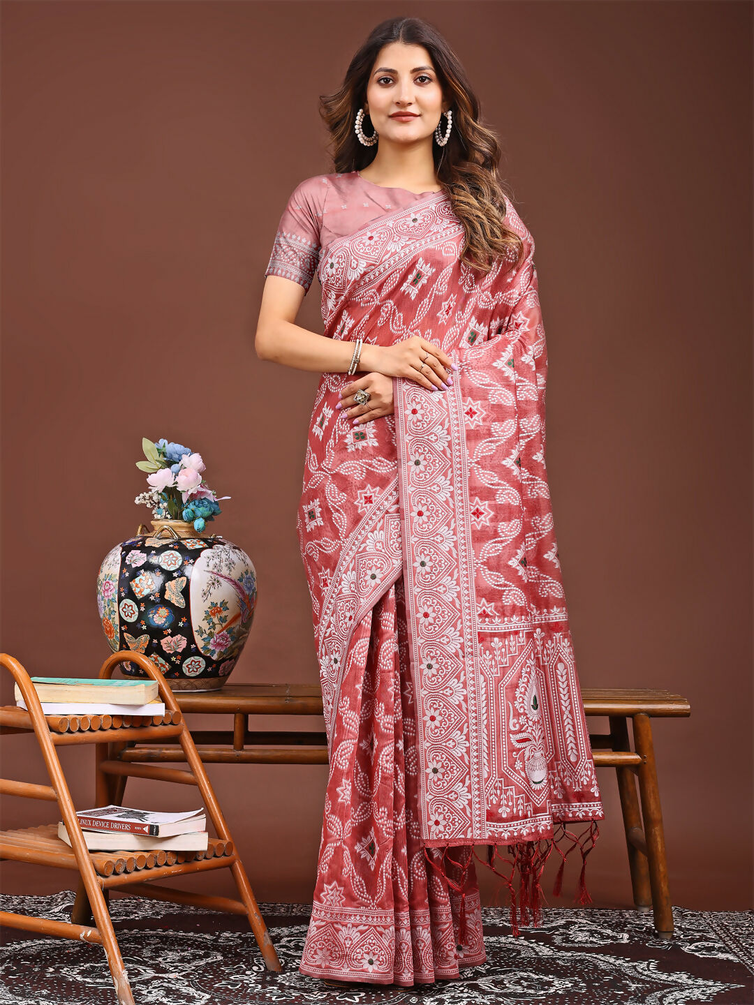 Shree Shyam Fashion Pankhuri Peach Linen Cotton Saree | Grocsy
