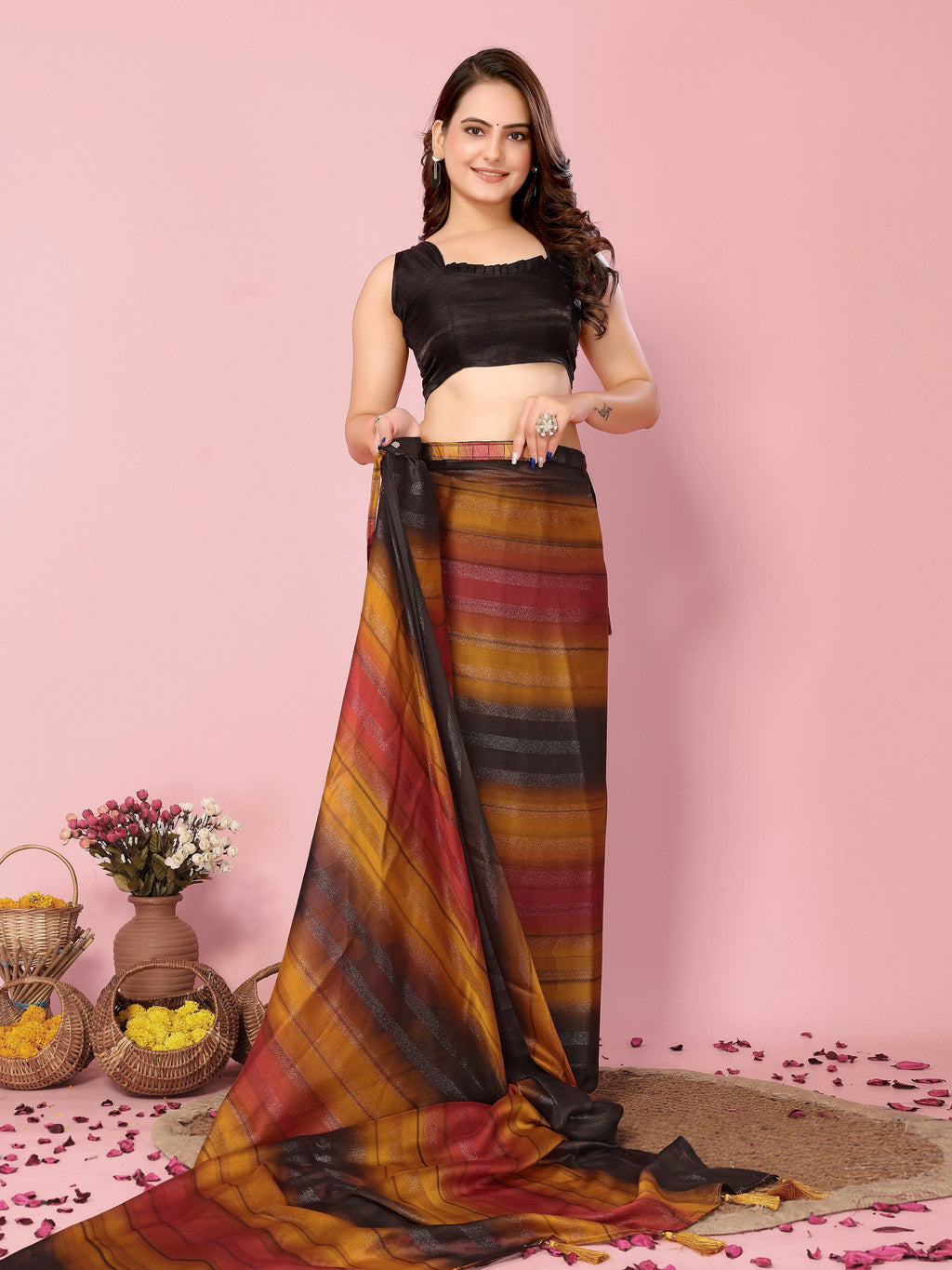 Attractive These Party Wear Ready To Wear Saree - Orange | Grocsy