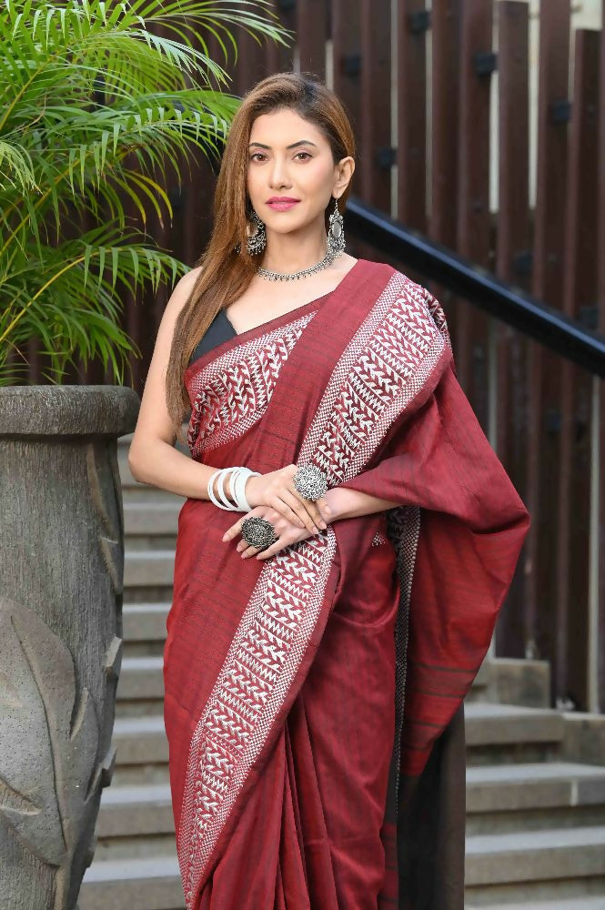 Beatitude Red Cotton Jacqaurd Border Tangail Handloom Saree | Grocsy