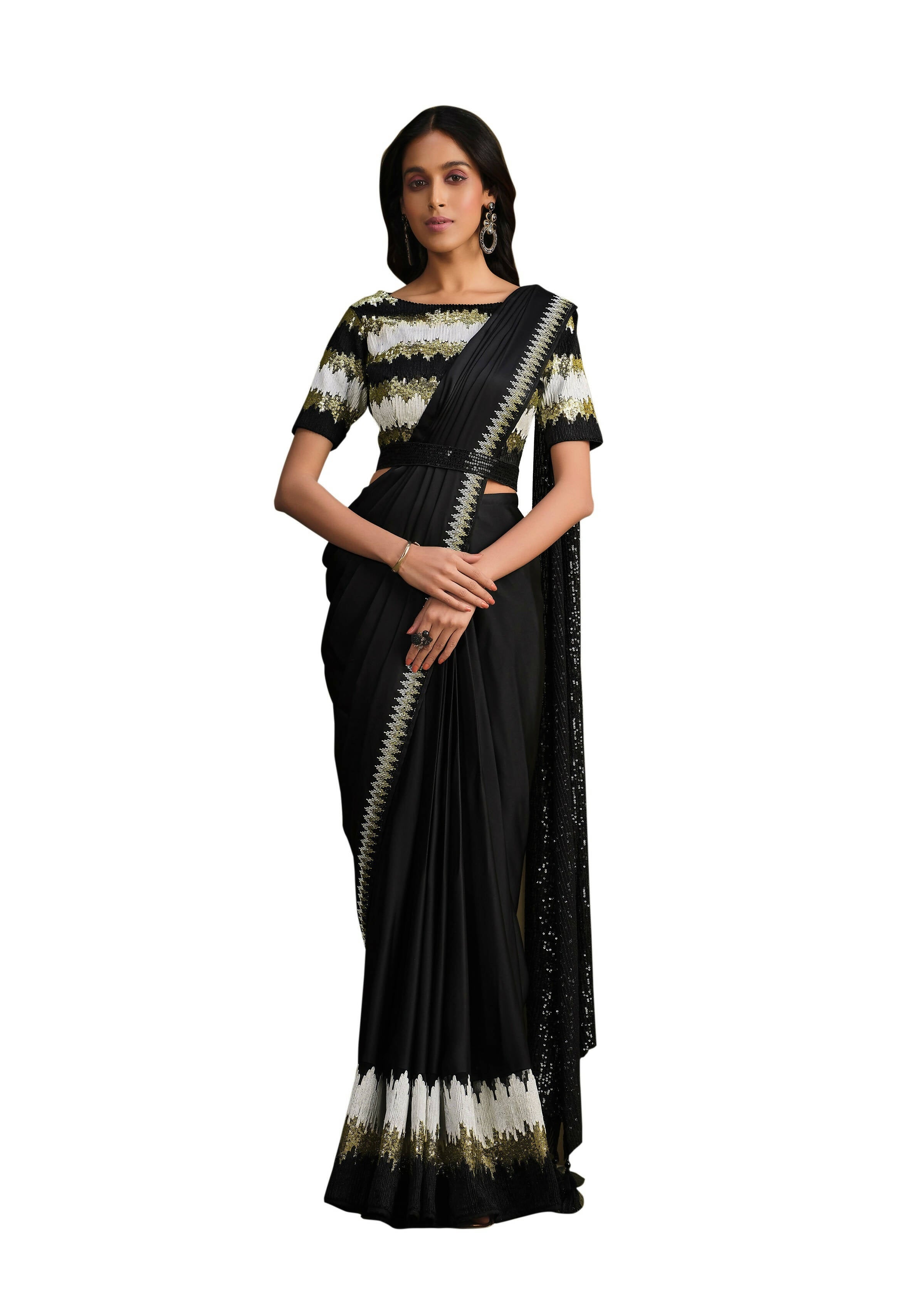 Black Crepe Silk Sequence Embroidered Saree With Stitched Blouse - Mohmanthan La Belle | Grocsy