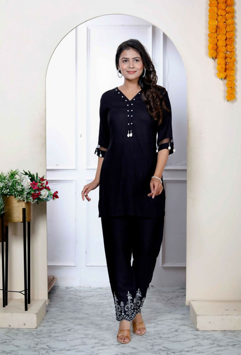 Miravan Women's Solid Black Rayon Co-Ord Set | Grocsy