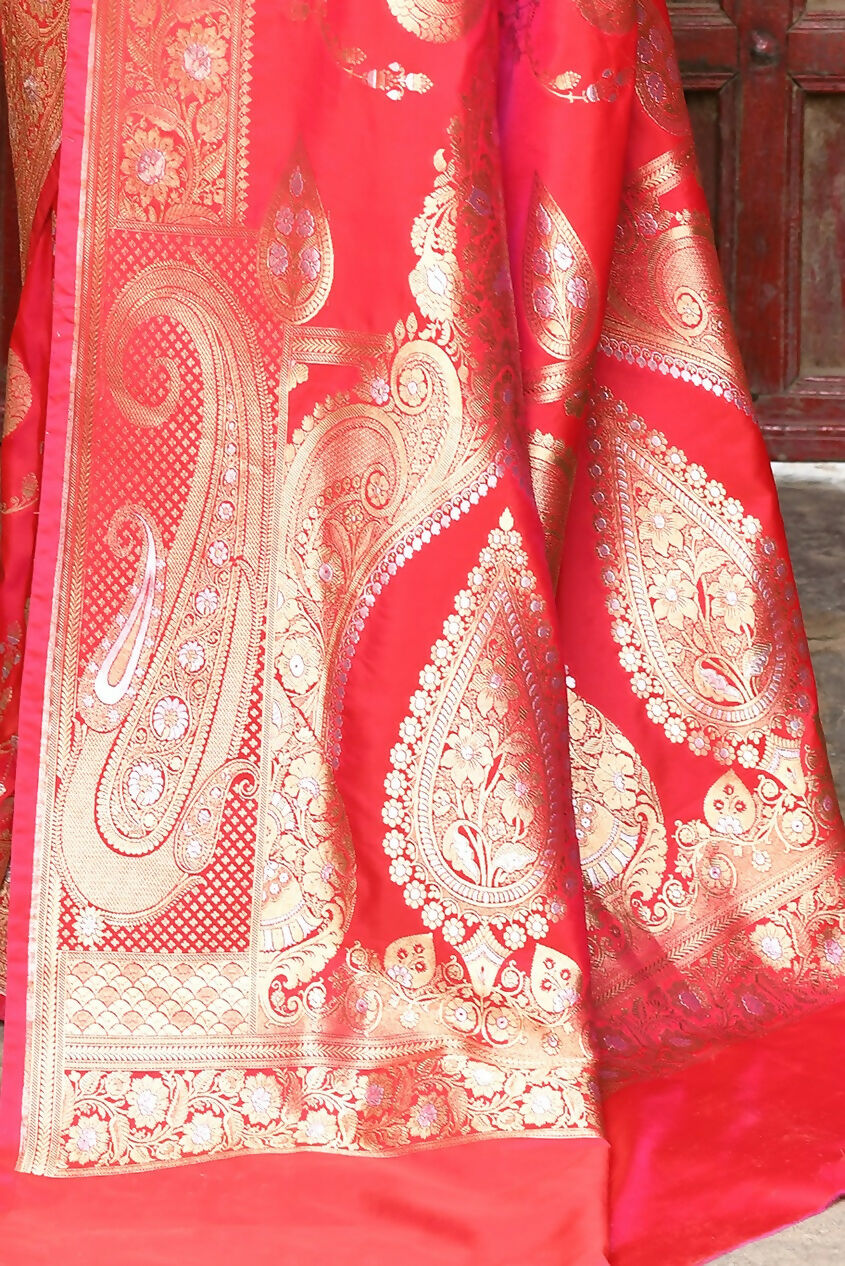 Joban Fashion Red Soft Pure Handloom Banarasi Silk Saree | Grocsy