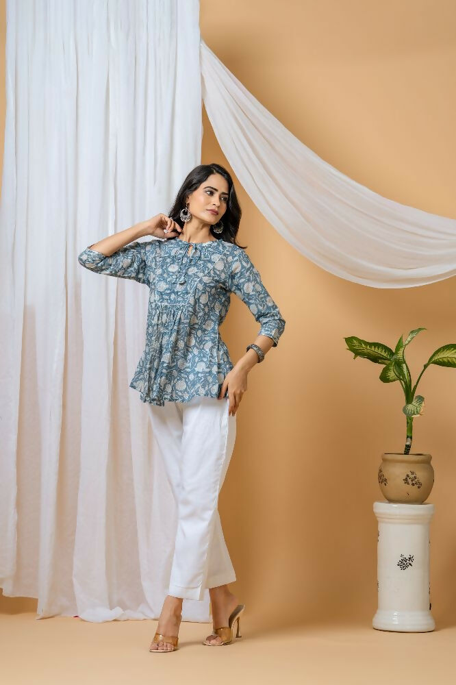 Joban Fashion Blue Floral Hand Block Printed Cotton Co-Ord Set | Grocsy