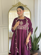 The52 Purple Women's Gorgeous Embroidered Vichitra Silk Fabric Flared Kurta Pant with Dupatta Set | Grocsy