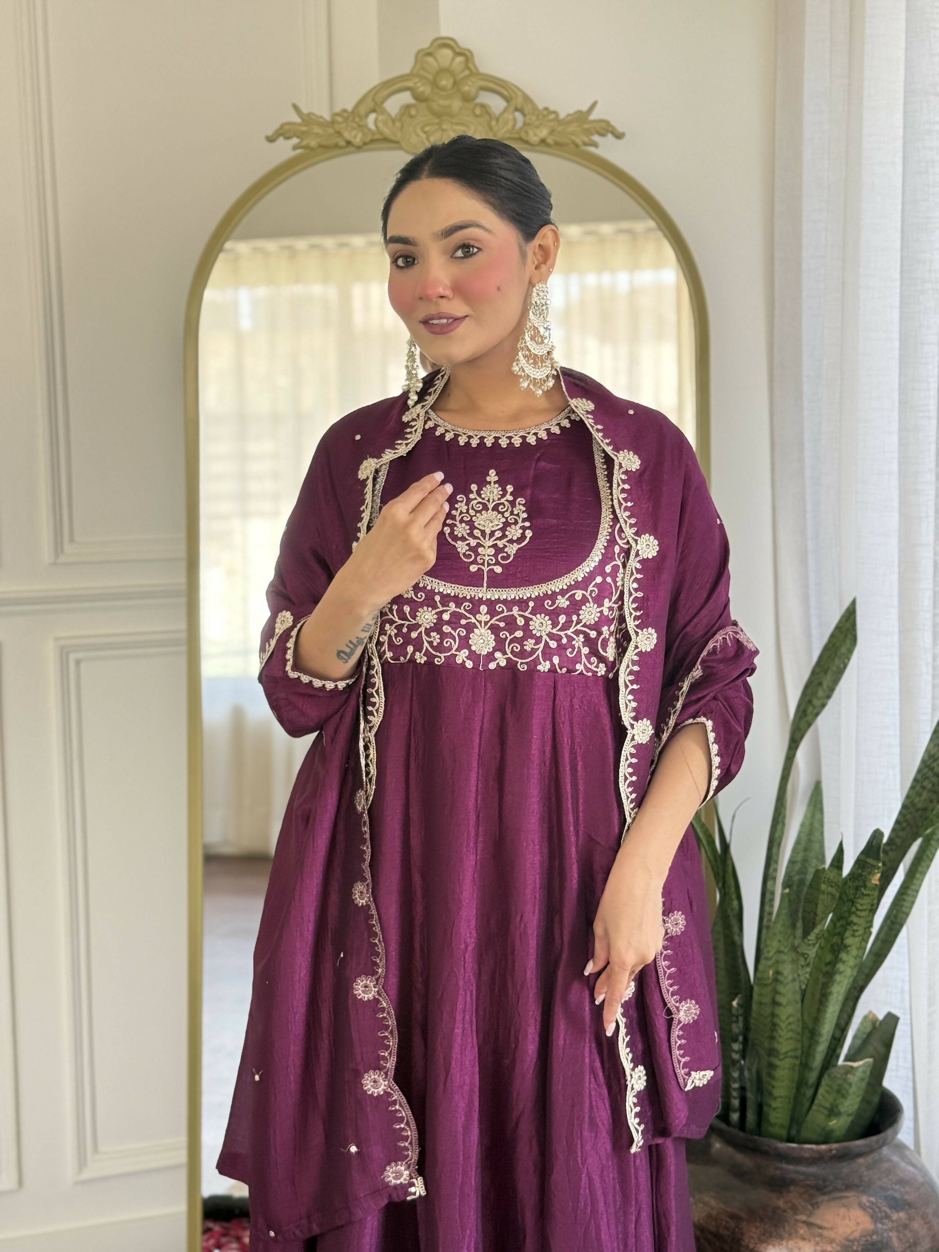 The52 Purple Women's Gorgeous Embroidered Vichitra Silk Fabric Flared Kurta Pant with Dupatta Set | Grocsy