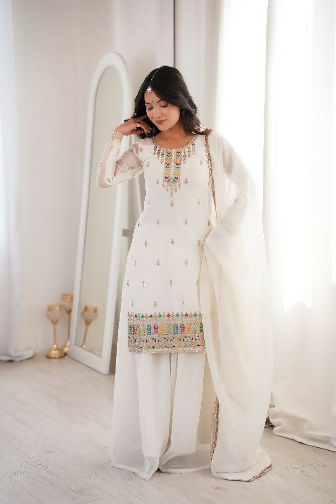 Teeya Creation White Color Soft Crunchy Silk Party Wear Designer Sharara set | Grocsy