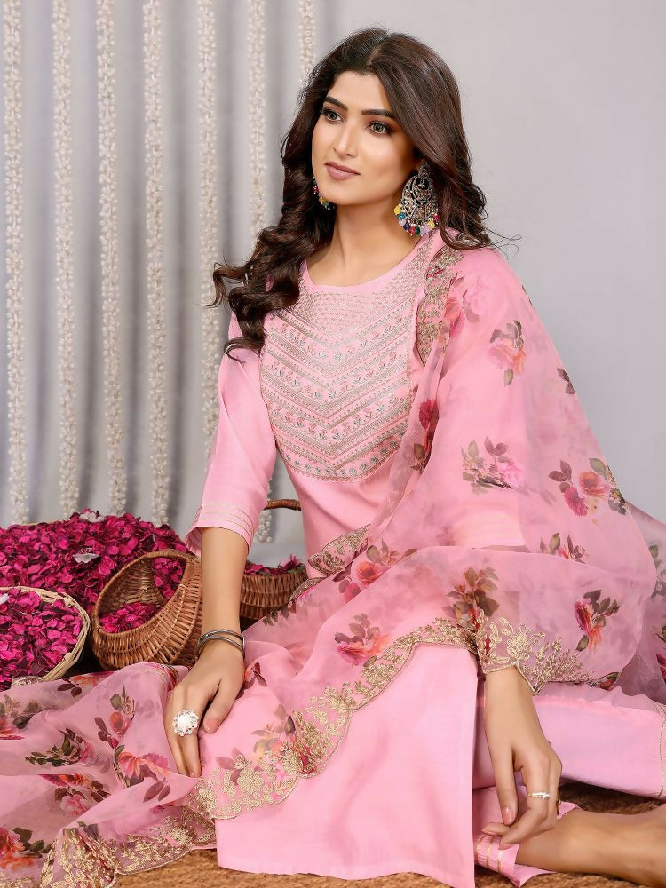 Joban Fashion Women Light Pink Roman Embroidery Stitched Kurta Set | Grocsy