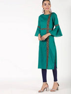Aniyah Cotton Bell Sleeve Solid Straight Kurta In Turquoise Color (AN-147K) | Grocsy
