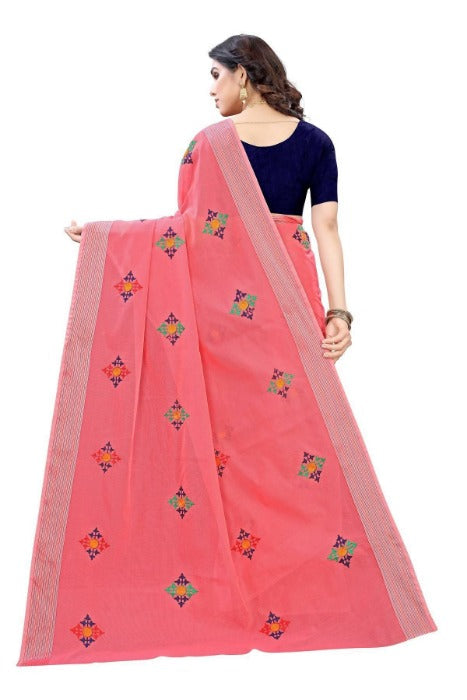 Vamika Chanderi Cotton Embroidery Red Saree (Dixa Red) | Grocsy