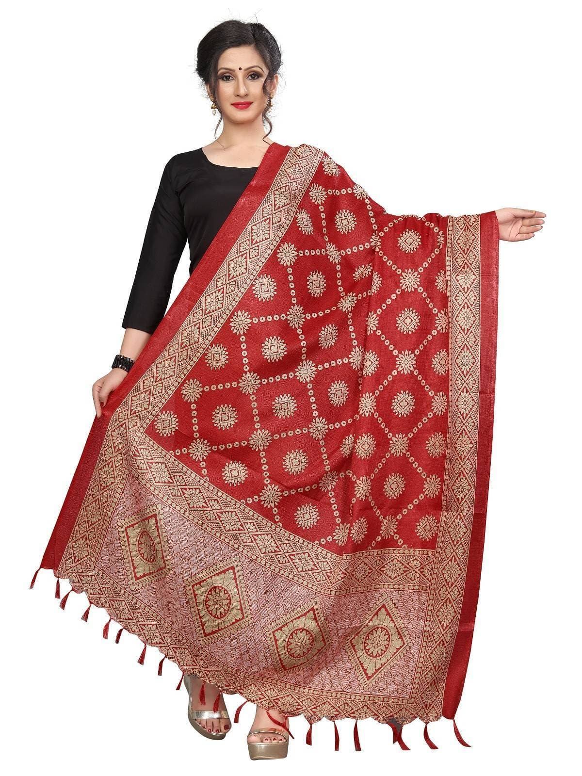 Vamika Traditional Wear Red Printed Khadi Bhagalpuri Dupatta | Grocsy