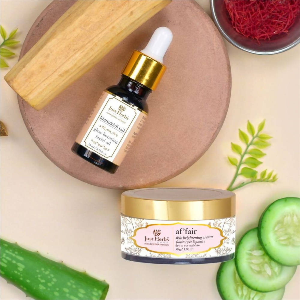 Just Herbs Kimsukadi Glow Boosting Facial Oil And Af'fair Skin Brightening Cream Combo | Grocsy
