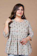 Miravan Women's Beige Plus Size Cotton Floral Printed Short Kurti | Grocsy