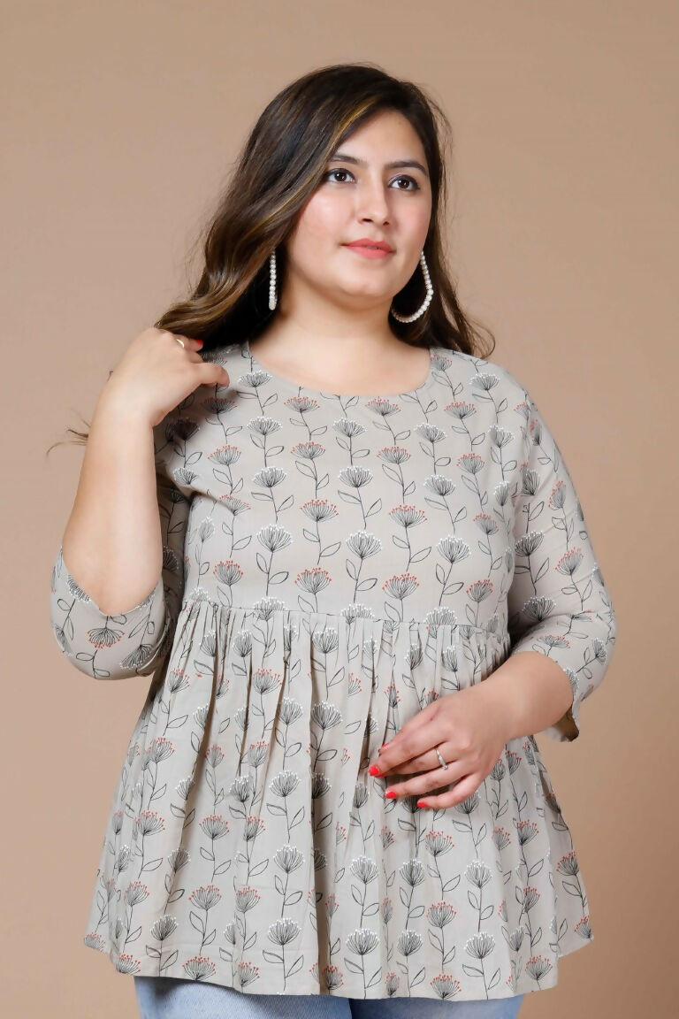 Miravan Women's Beige Plus Size Cotton Floral Printed Short Kurti | Grocsy