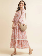 Orange Linen Floral Printed Fit & Flare Dress - Yukti | Grocsy