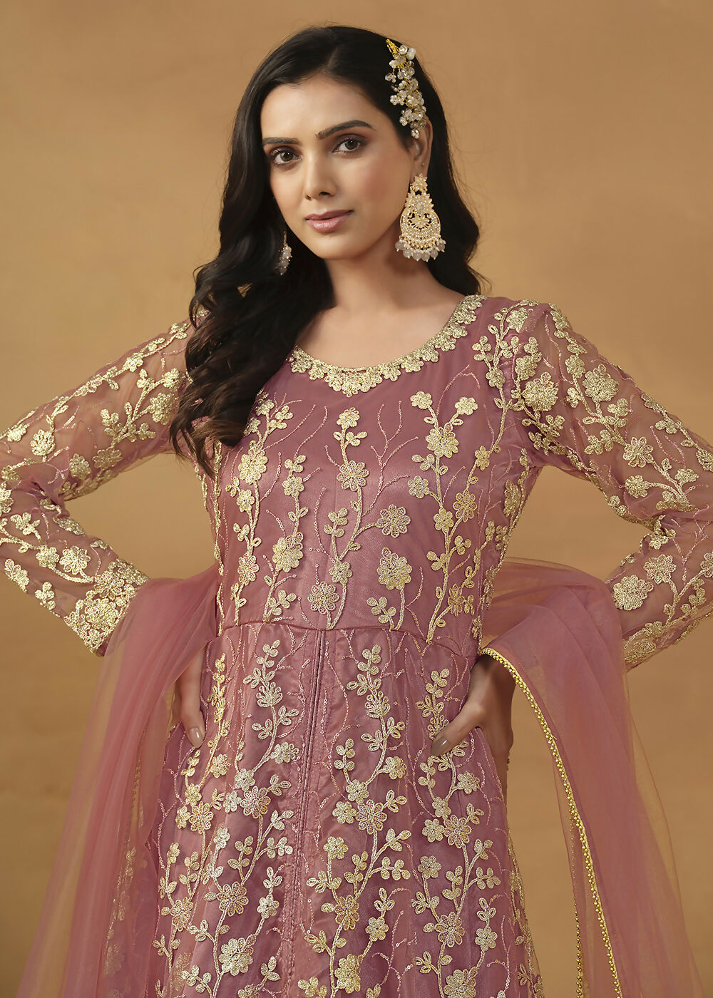 Pant Style Coral Pink Embroidered Net Wedding Anarkali Suit - Emponline | Grocsy