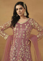 Pant Style Coral Pink Embroidered Net Wedding Anarkali Suit - Emponline | Grocsy