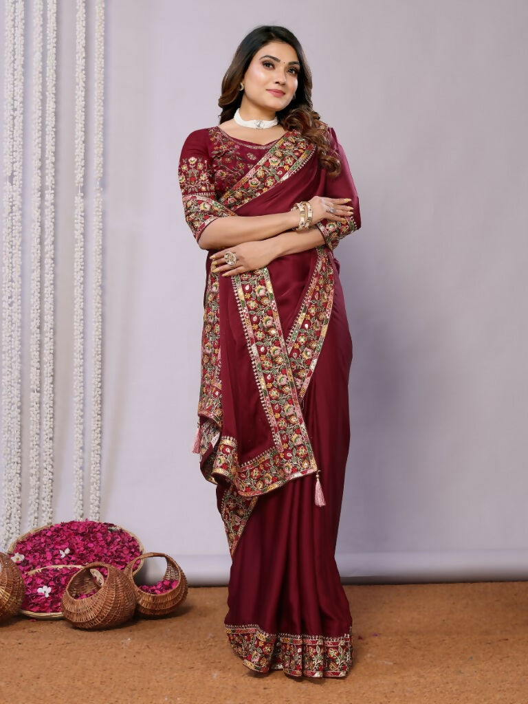 Maroon Silk Georgette Resham And Zari Embroidery Saree - Norita Saumya | Grocsy