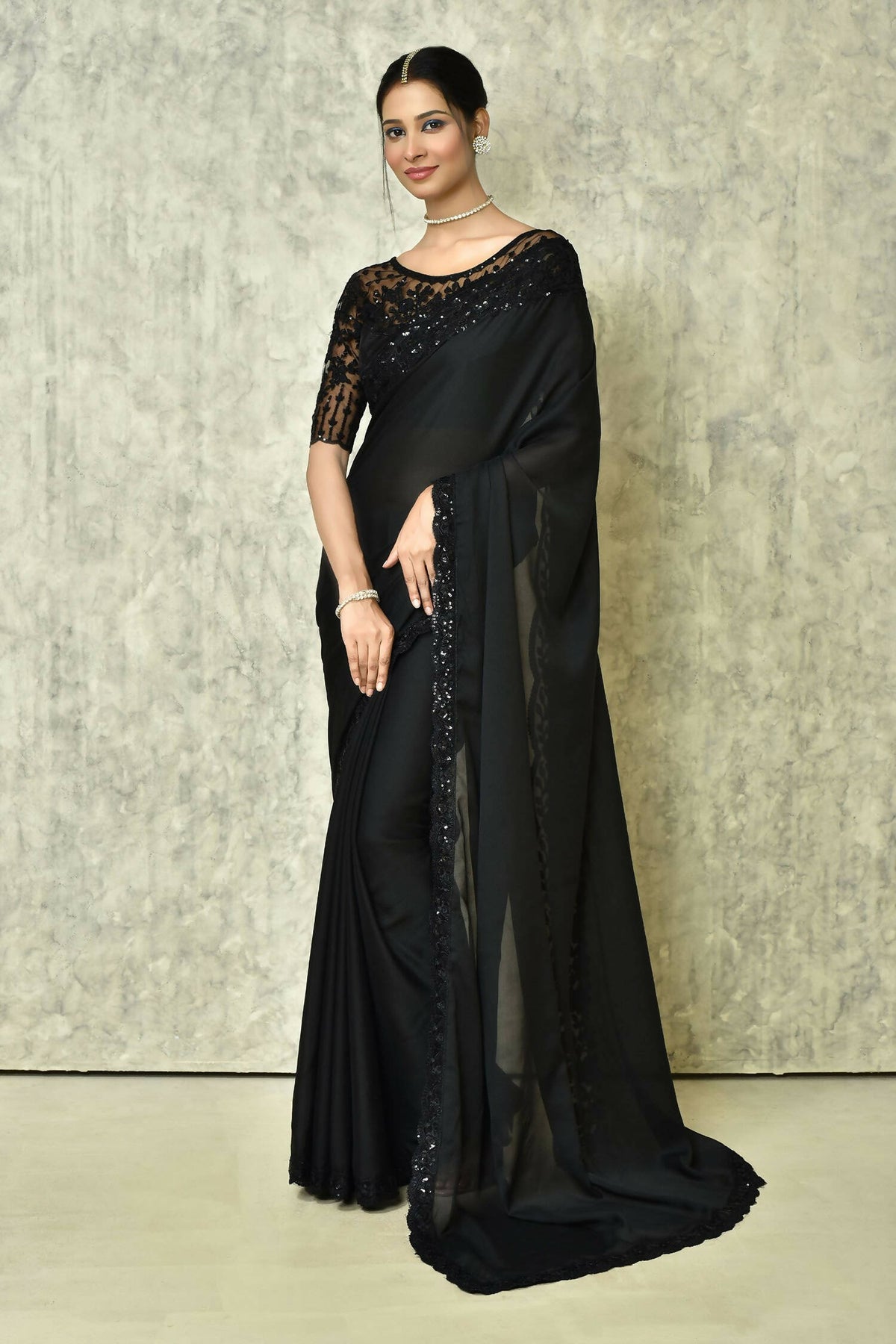 Black Silk Plain Saree with Blouse Piece - Purvi | Grocsy