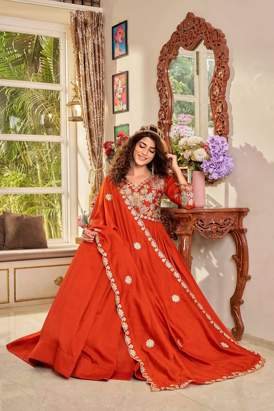 Teeya Creation Womens Casual Party Wear Heavy 5mm Sequence Embroidery Work Orange Gown Set | Grocsy