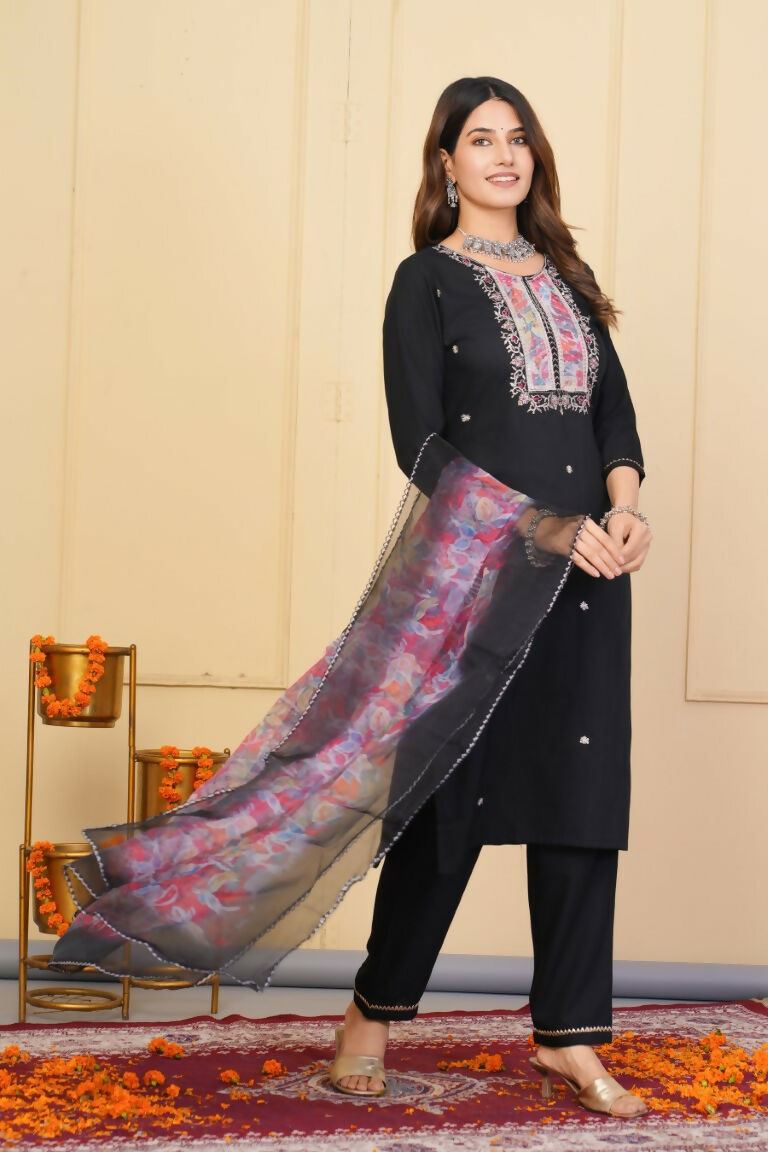 Black Rayon Slub Embroidered Stitched Suit With Dupatta - Tanisha | Grocsy