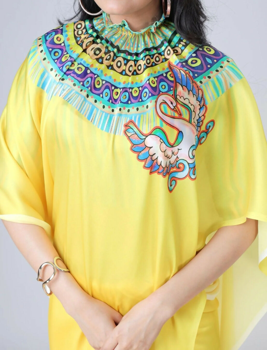 Vastranavya Yellow Ready to Wear Swan Print Free Hand Saree | Grocsy