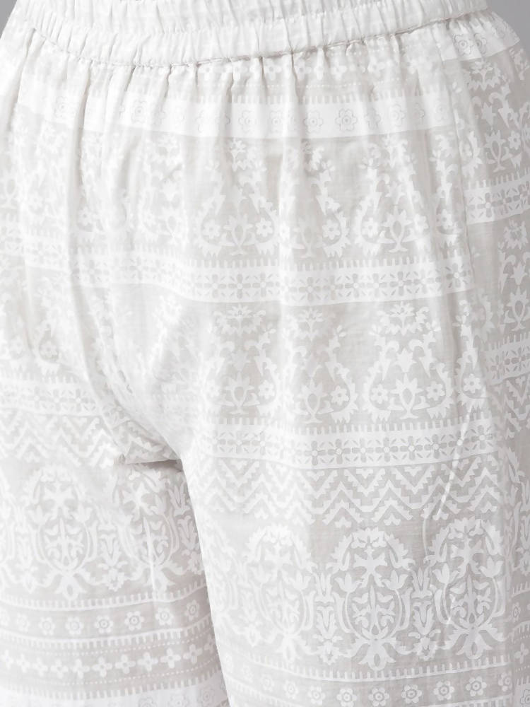 Yufta Pink and White Block Print A-line kurta with Palazzo & Dupatta Set | Grocsy